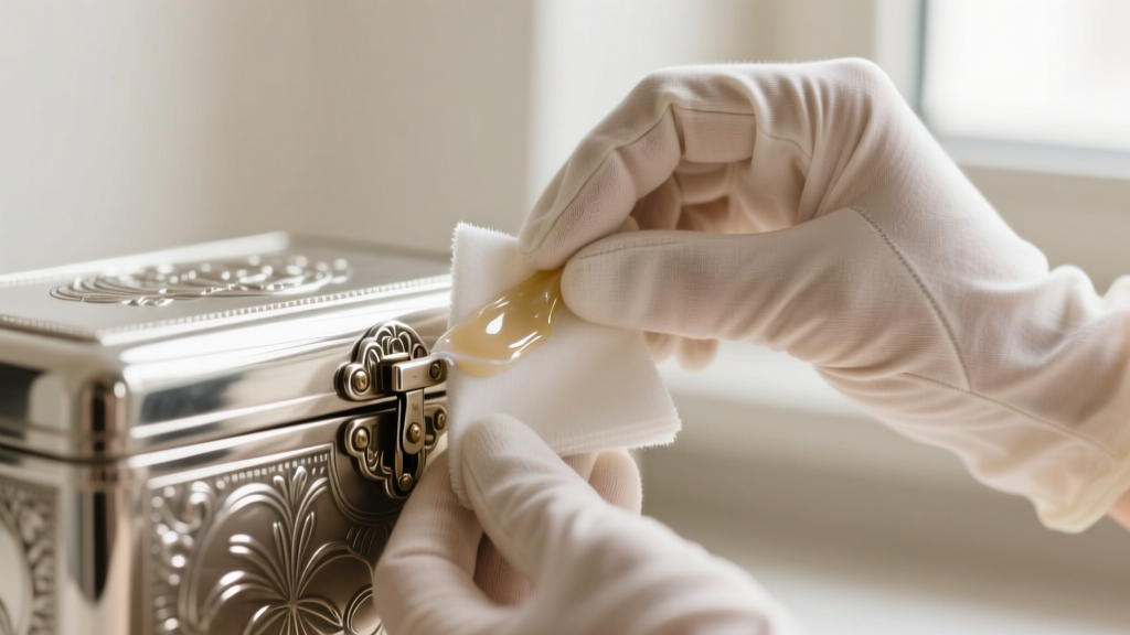 Cotton-gloved hands polishing a vintage silver plated jewelry box hinge with a microfiber cloth and gentle liquid silver cream