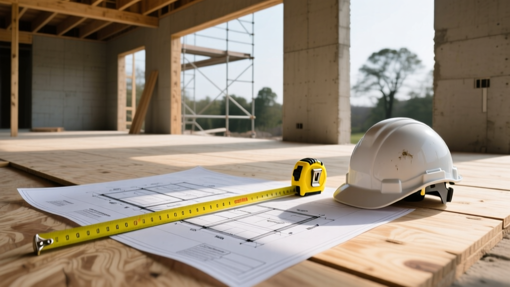 Architectural blueprints on a plywood subfloor with a yellow tape measure and hard hat at a partially framed residential construction site