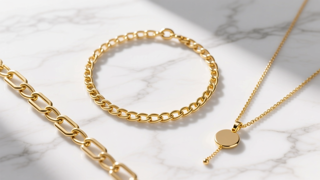 Flat lay of three gold chains: a 16-inch choker, 18-inch paperclip chain, and 20-inch pendant on a bright white marble surface.