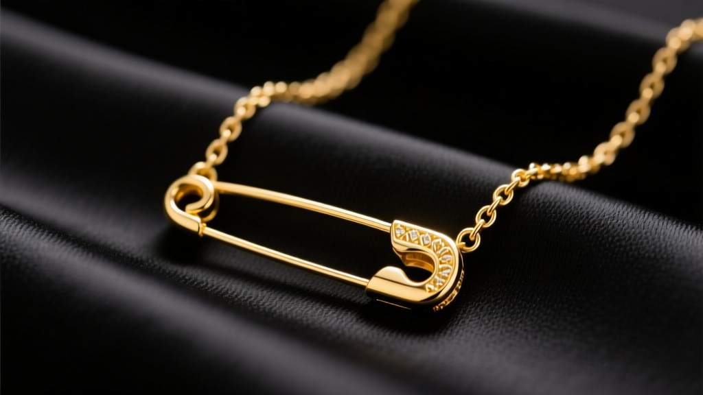 18k yellow gold safety pin necklace resting on black silk, soft studio lighting highlighting the small intricate clasp detail.