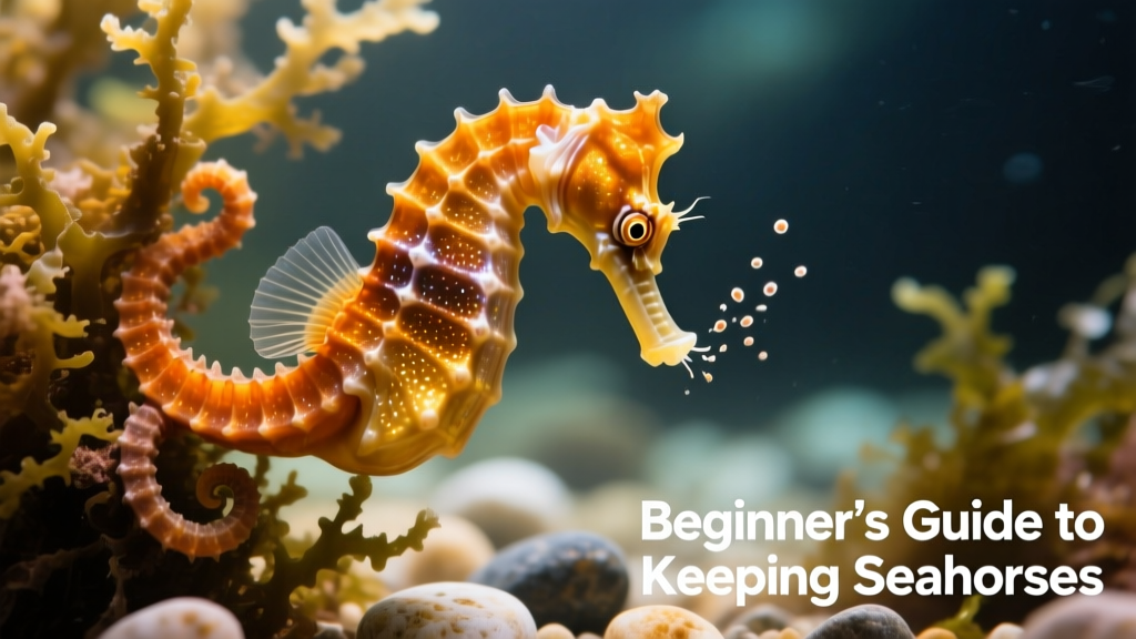 Close-up of a healthy captive-bred seahorse clinging to a macroalgae holdfast, with visible feeding response