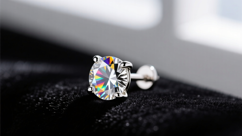 Macro shot of a 2-carat round brilliant moissanite sparkle earring stud in 14k white gold four-prong setting on black velvet.