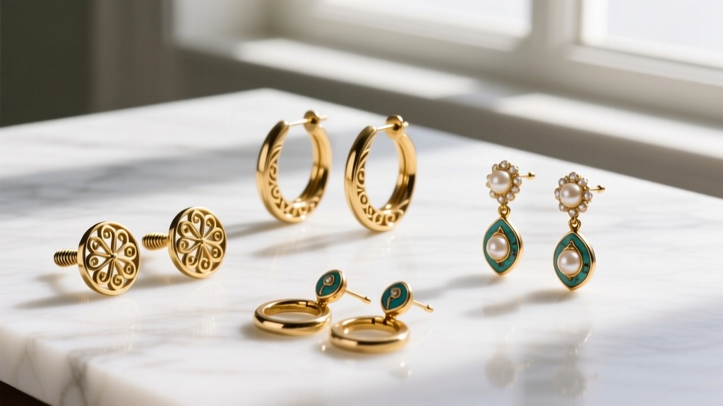 Flat lay collection of vintage Krementz earrings including screw-back studs, gold hoops, and dangles on a white marble surface.