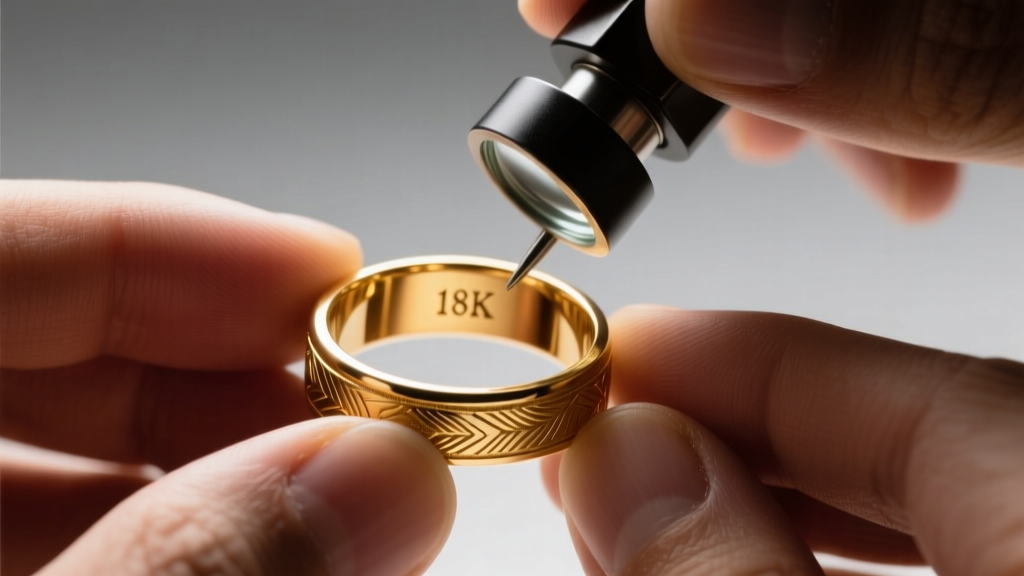 Jeweler using a 10x loupe to inspect the inside of a vintage 18k gold band, warm studio lighting highlighting the metal hallmark.