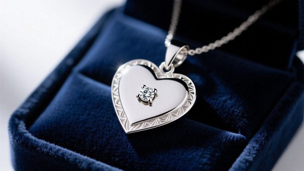Close-up of a sterling silver heart name pendant with a tiny bezel-set diamond accent on a dark velvet jewelry display tray.