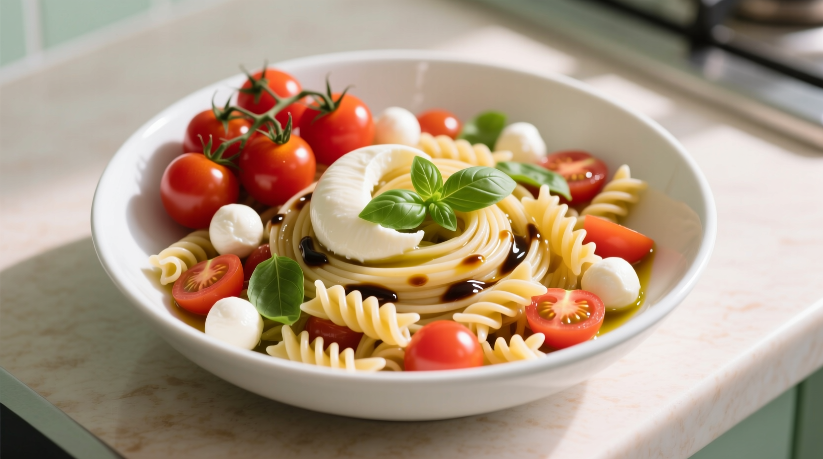 Colorful tomato mozzarella pasta salad in white bowl