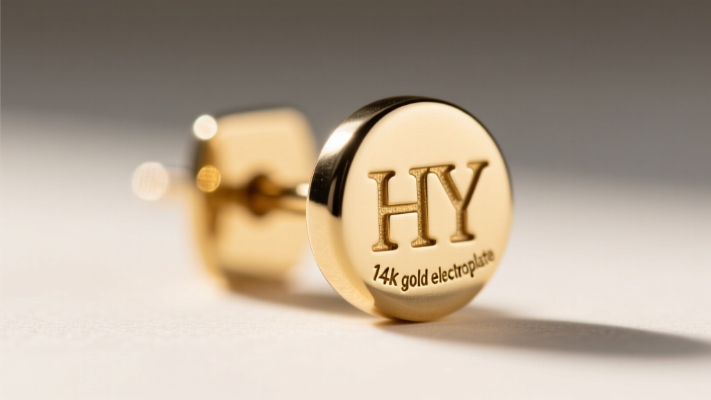 Macro shot of vintage Holly Yashi earring post showing the stamped HY hallmark and 14K gold electroplate markings in sharp focus