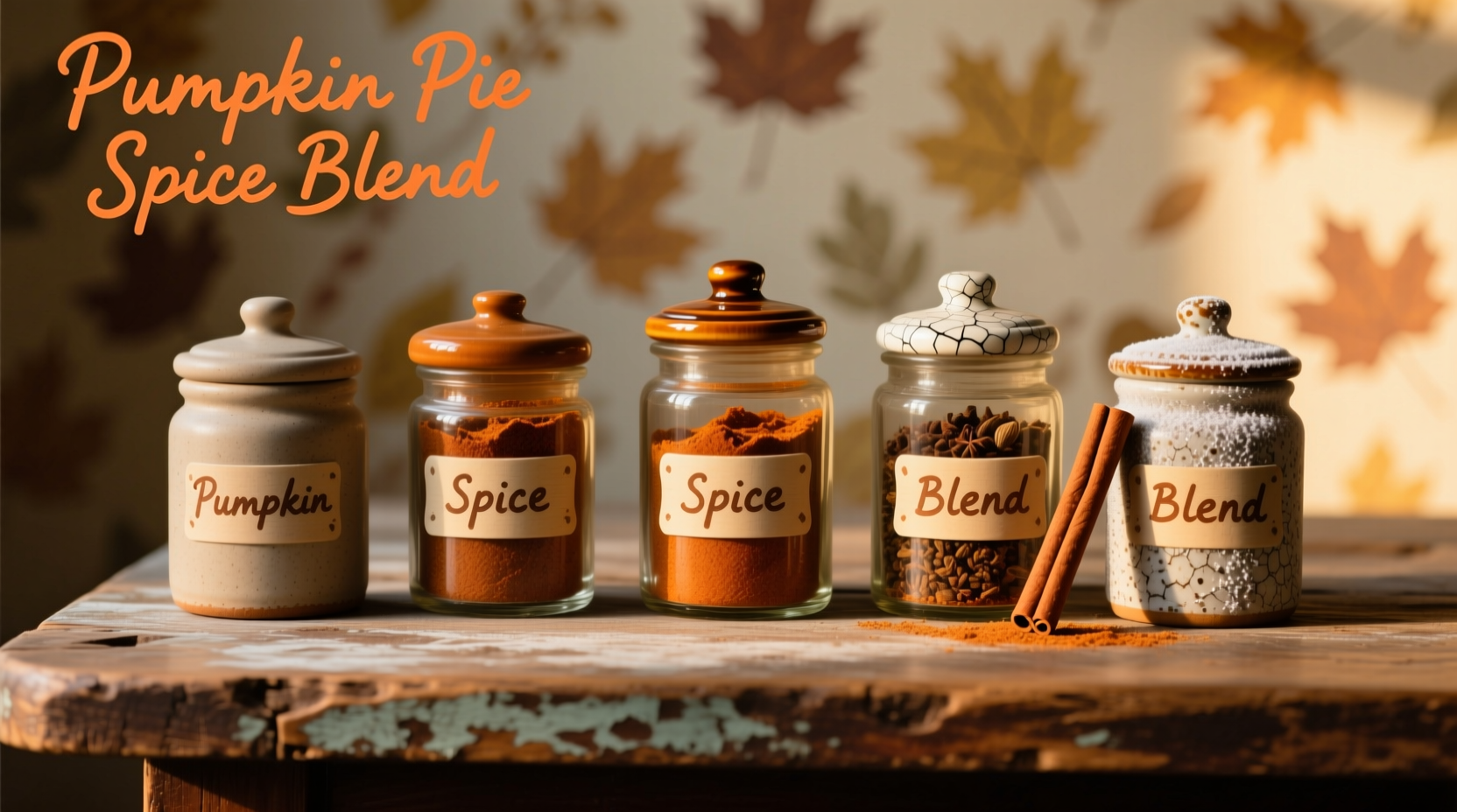 Five spice jars with pumpkin pie spice blend
