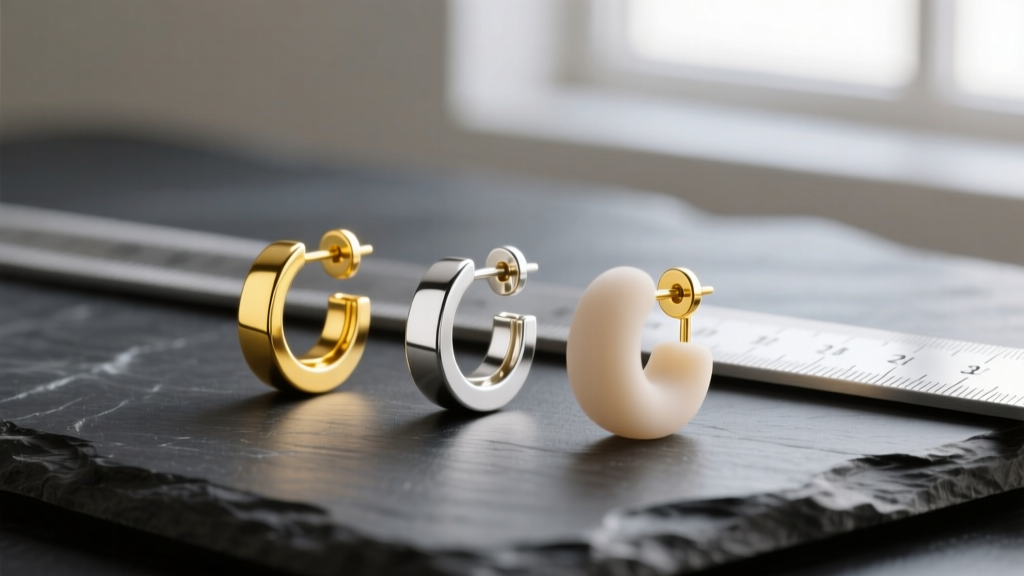 Three earring friction backs in yellow gold, white gold, and silicone, lined up on a dark slate surface next to a steel ruler.