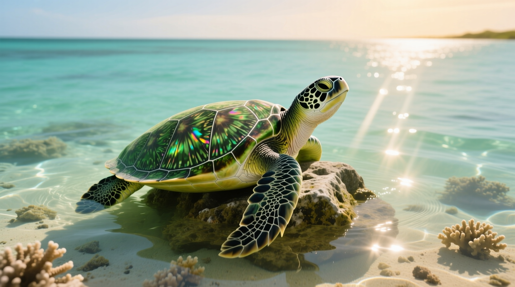 Healthy turtle basking on rock with clear water