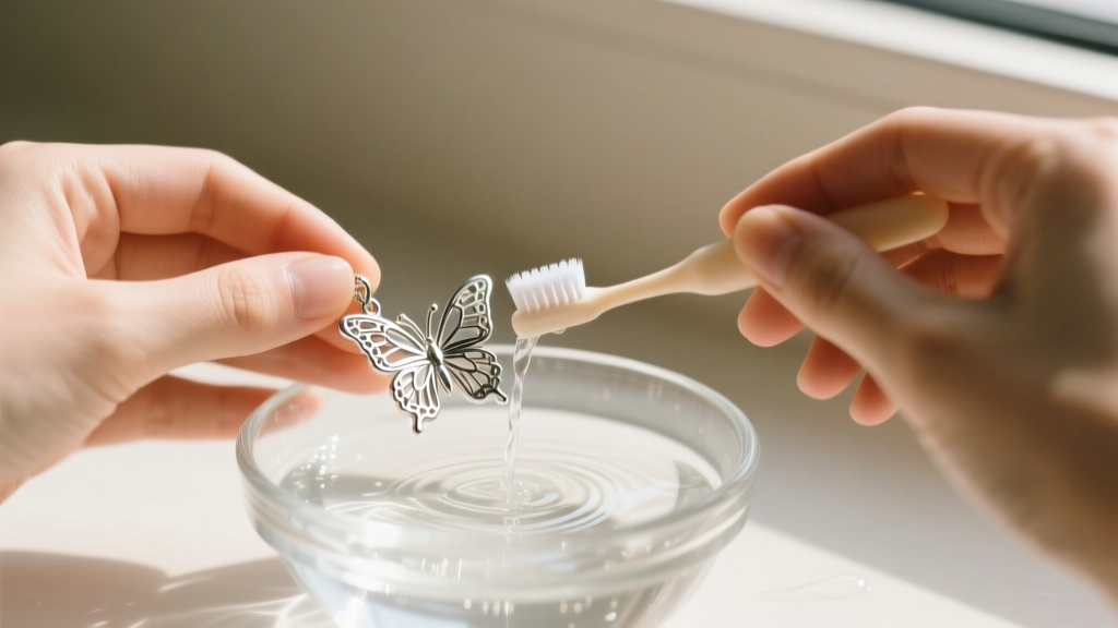 Hands gently cleaning a delicate silver butterfly pendant with a soft baby toothbrush and mild soapy water in a small glass bowl