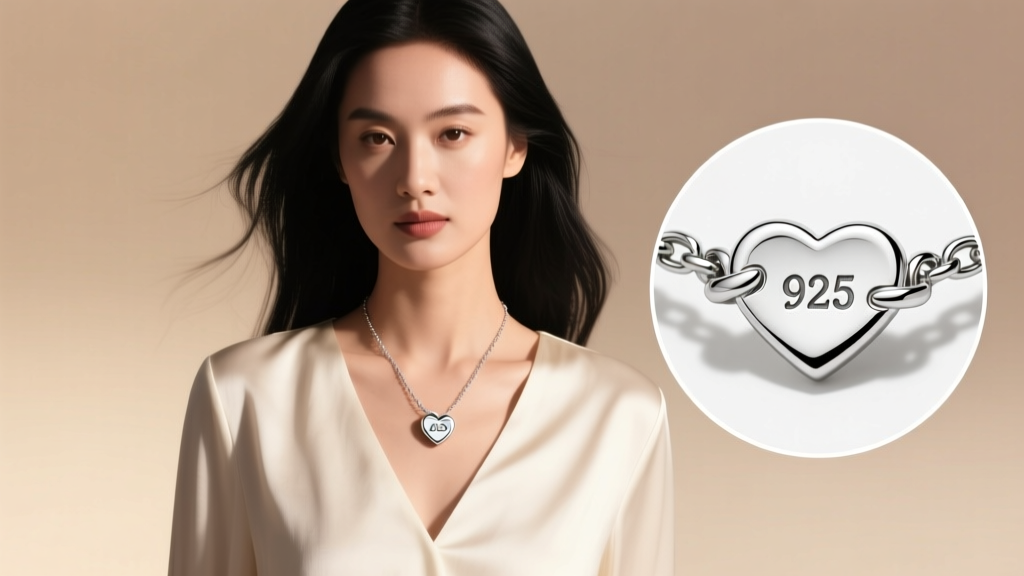 Woman wearing a bubble heart necklace over silk, featuring a macro inset of the 925 silver hallmark stamped on the lobster clasp.