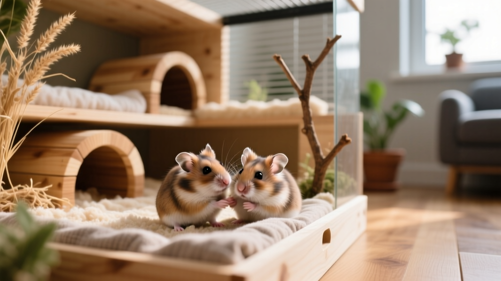 Two dwarf hamsters grooming each other peacefully in a spacious, enriched habitat