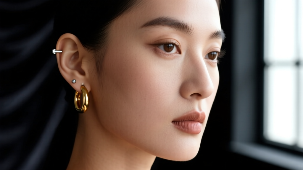 Vintage gold hoop in a left earlobe, styled with modern minimalist cartilage studs against a moody, dark studio background.