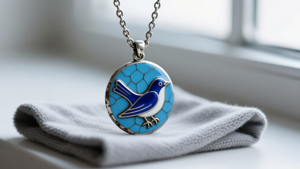 Close-up of a vintage blue enamel bird pendant on a slightly tarnished silver chain resting on a grey microfiber polishing cloth.