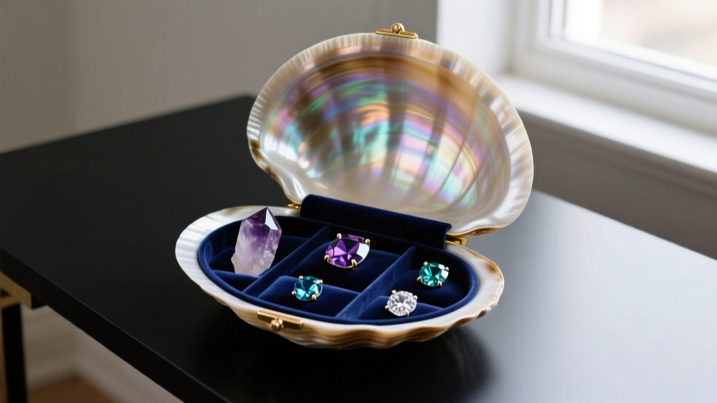 A polished abalone shell jewelry box open on a dark desk, displaying navy velvet slots holding raw amethyst and faceted sapphires.