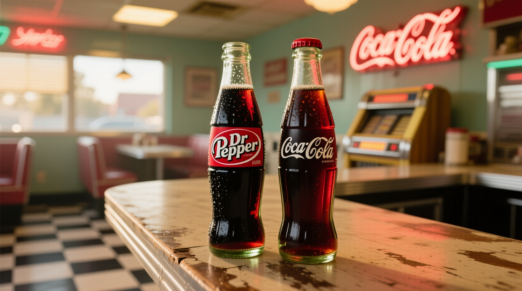 Dr Pepper bottle next to Coca-Cola bottle showing different logos