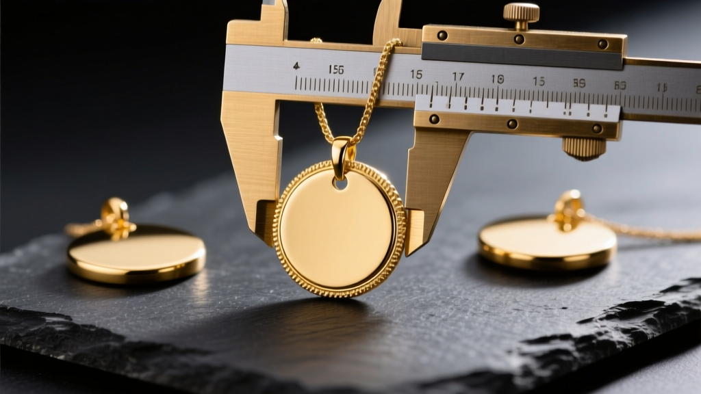 Three gold disc pendants laid flat on dark slate, with a brass caliper measuring the middle 15mm piece in sharp, macro focus.
