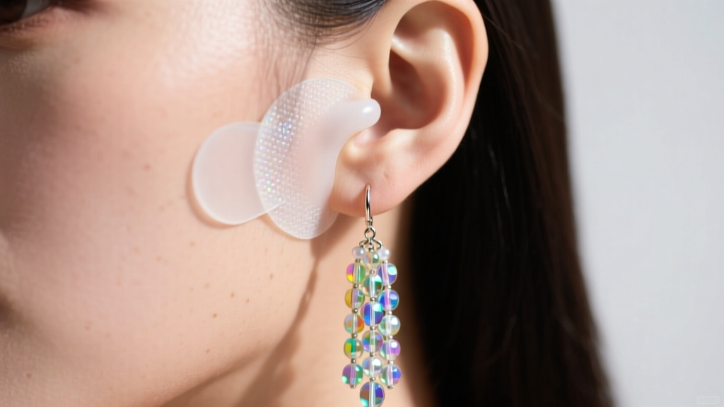 Close-up of an earlobe showing a clear silicone support patch holding a heavy beaded long dangle earring securely in soft daylight