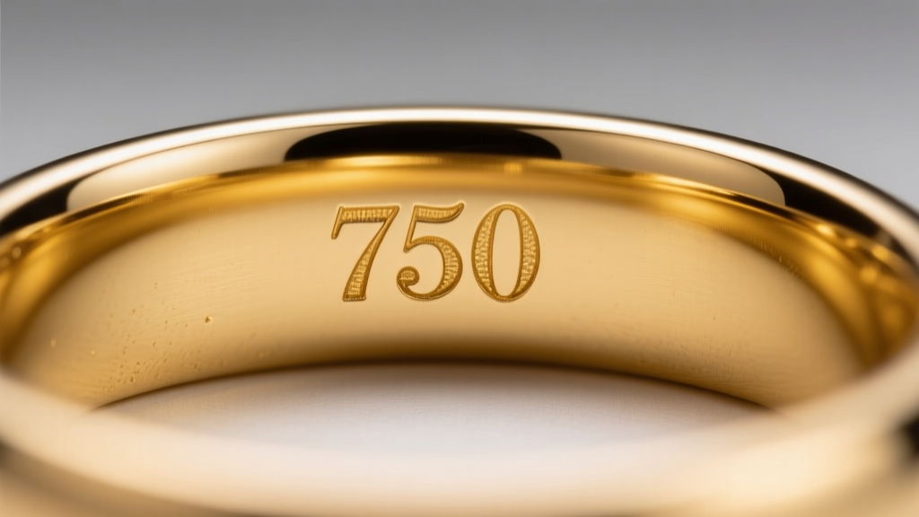 Macro shot of a 750 hallmark stamped inside a polished 18k yellow gold wedding band shank under bright, focused jeweler lighting