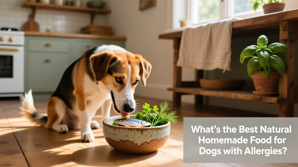 Happy dog enjoying a homemade meal from a ceramic bowl, with fresh herbs and a small portion of sardines visible