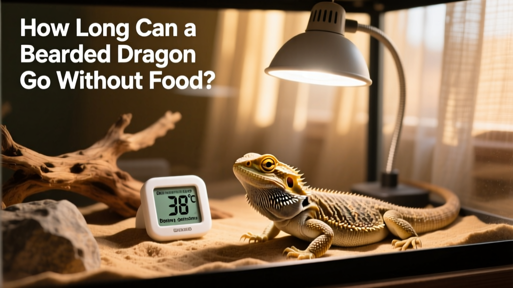 Close-up of a bearded dragon’s enclosure showing correct basking spot temperature reading and UVB lamp placement