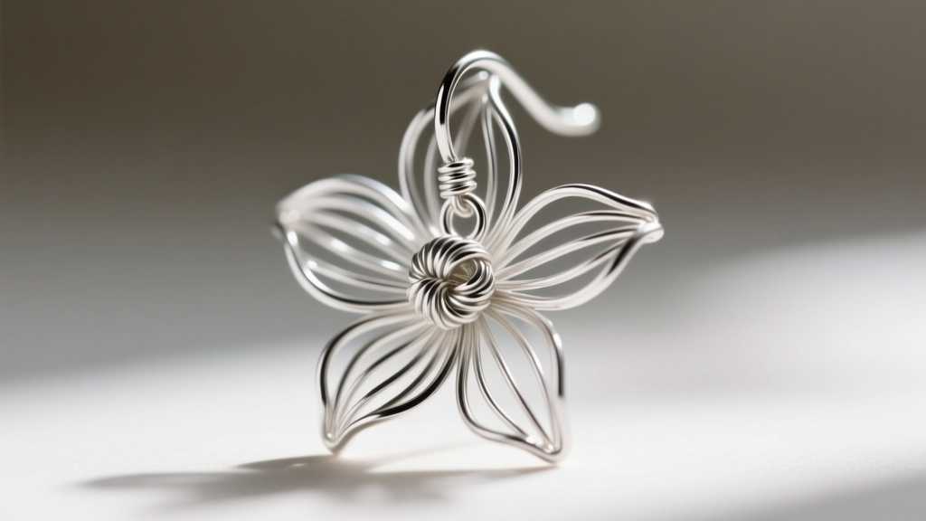 Macro shot of a silver wire flower earring showing a secure 28-gauge wrapped loop connecting the floral bloom to the ear wire.
