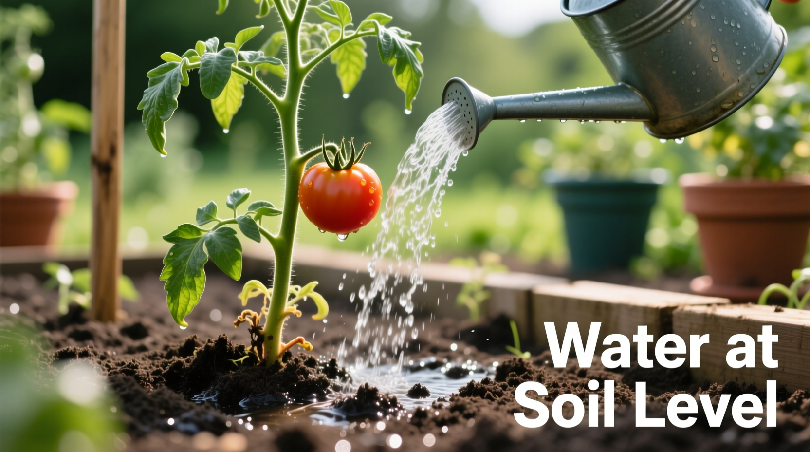 Tomato plant showing proper watering technique at soil level