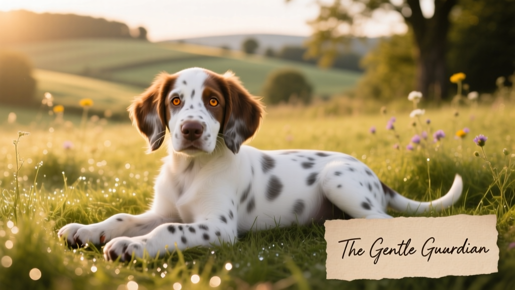 White, brown and grey spotted English Setter puppy lays in grass