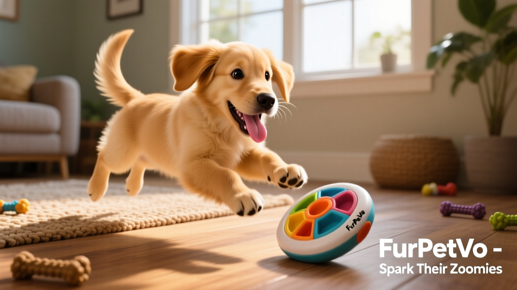 Dog happily engaged with a FurPetVo puzzle toy, tongue out and tail wagging