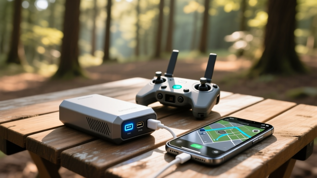 A rugged portable power bank charging a cloud-connected drone controller and a rugged smartphone on a wooden outdoor desk.