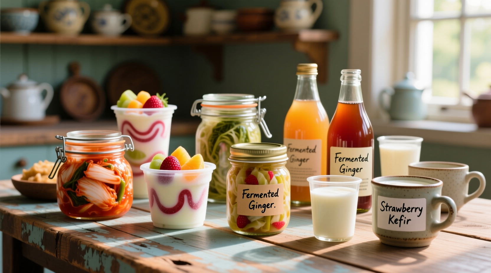 Colorful array of probiotic foods on wooden table
