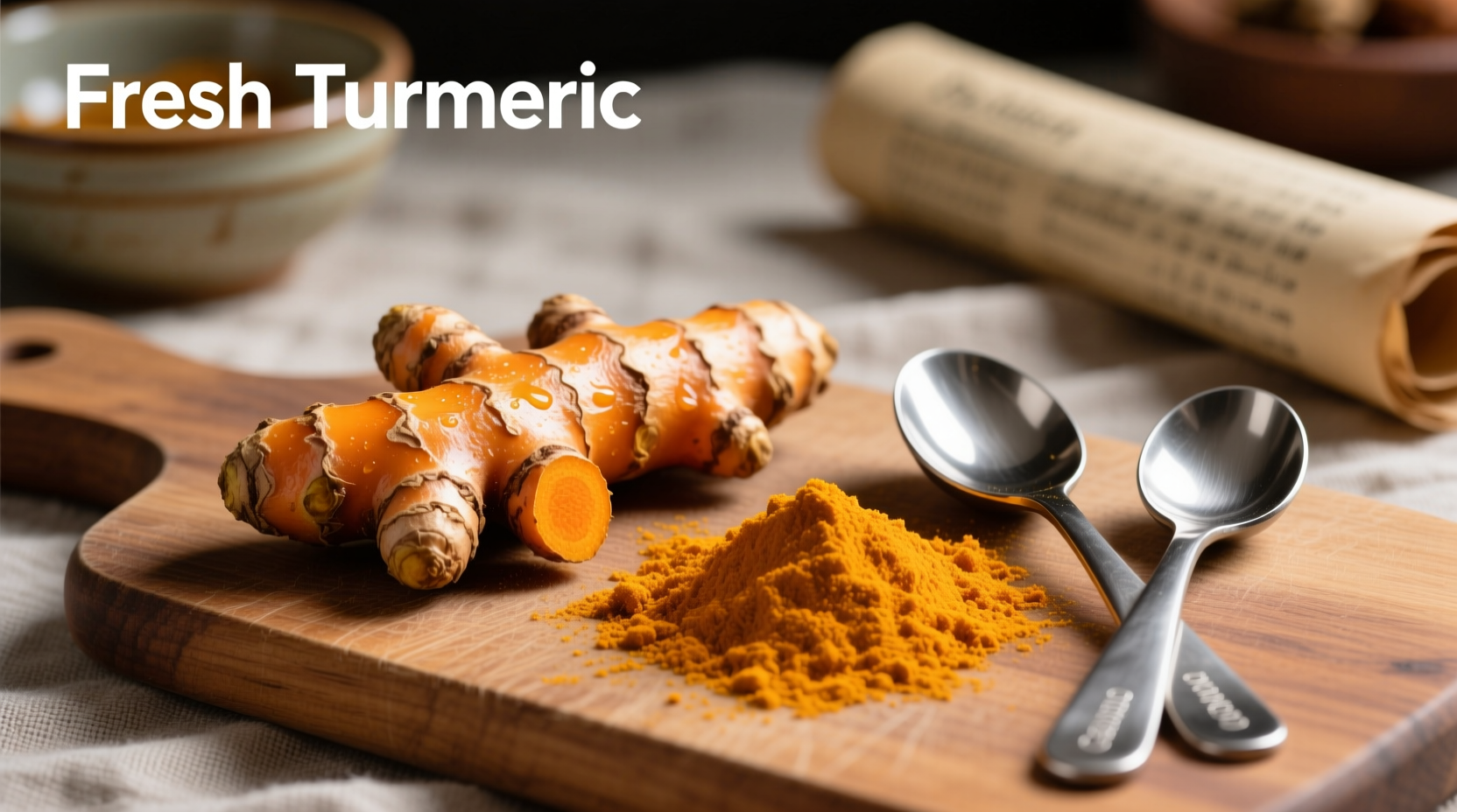 Fresh turmeric root with grated spice and measuring spoons