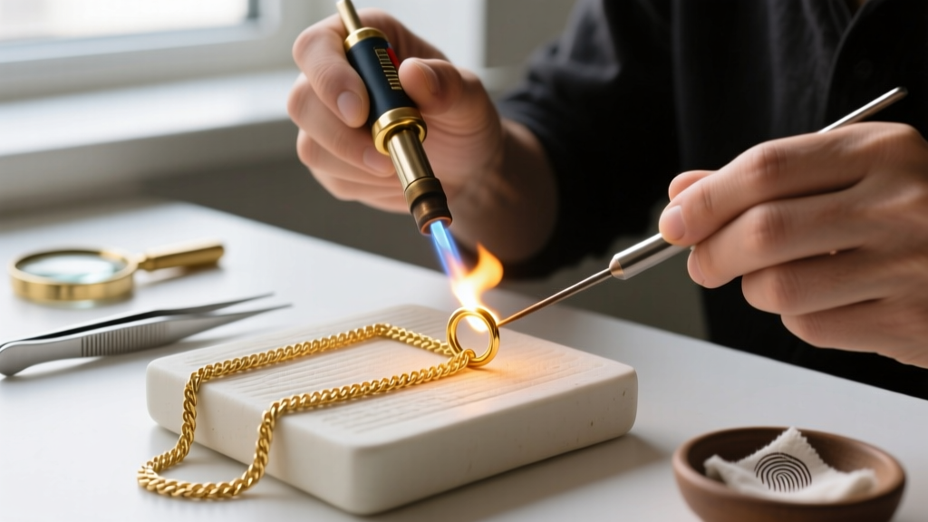 Jeweler using a micro butane torch to solder a jump ring on a delicate gold cable chain, resting on a ceramic soldering block.