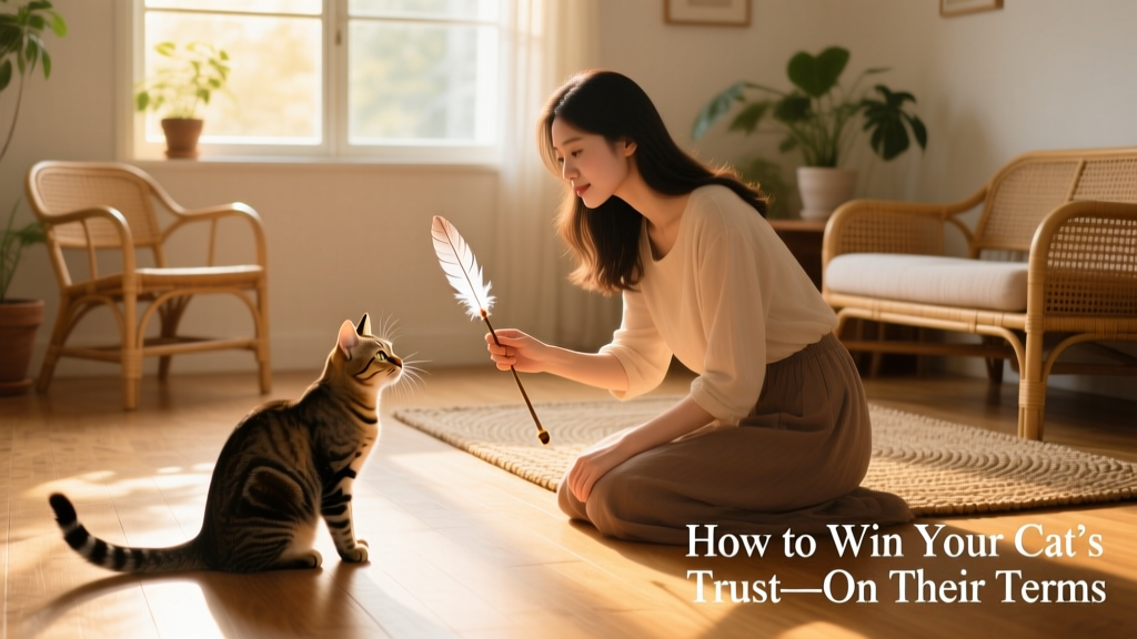 A person kneeling beside a cat, holding a feather wand toy just out of reach to encourage playful engagement