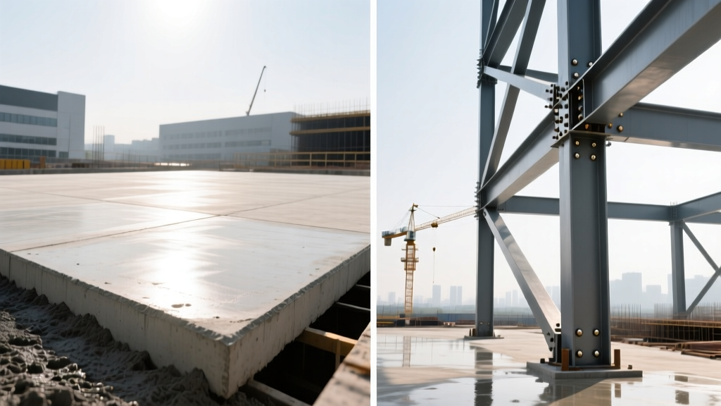 Split view of a standard concrete slab pour next to a structural steel frame erection at a bright commercial site