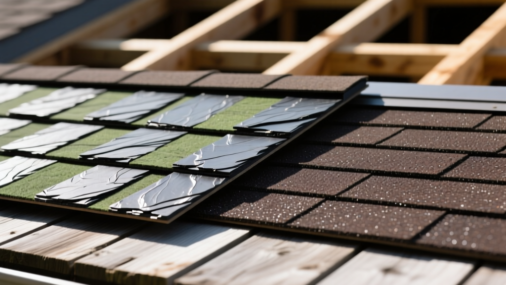 Close-up comparison of a synthetic polymer slate composition shingle next to a traditional fiberglass asphalt shingle on a roof deck