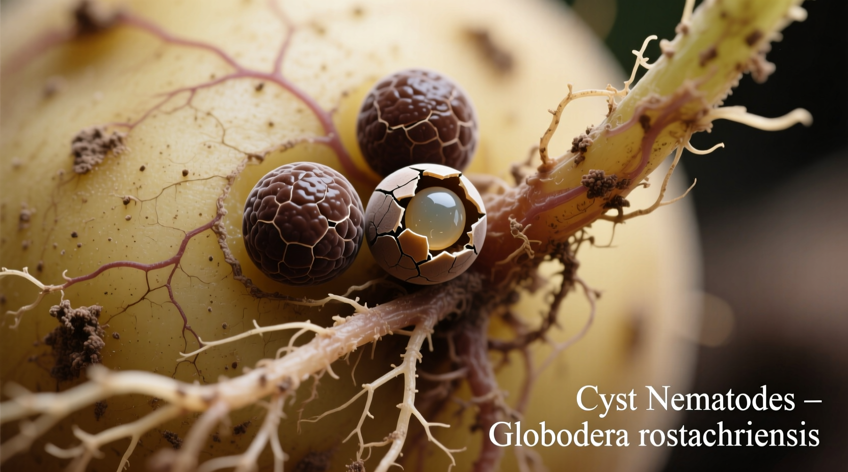 Microscopic view of potato cyst nematode cysts on roots