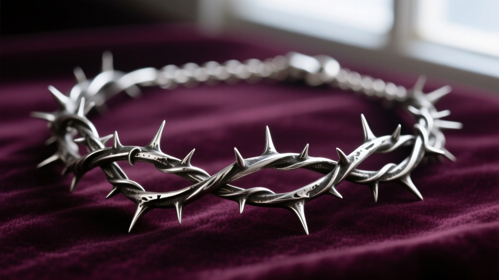 Macro photo of an oxidized sterling silver necklace featuring intricate, realistic botanical thorns and twisted vine links on velvet.