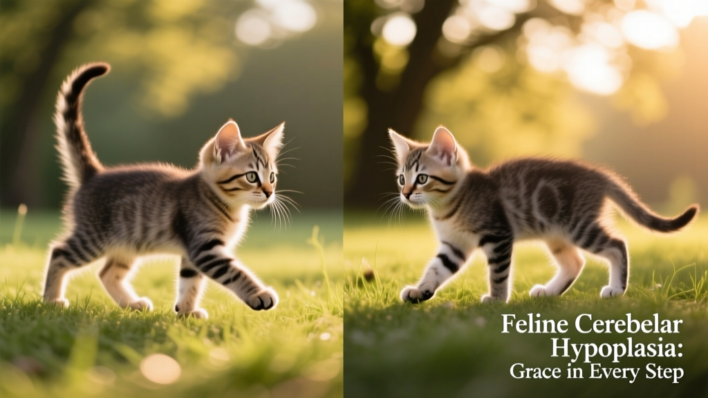 Side-by-side comparison: a typical kitten walking confidently versus a kitten with moderate cerebellar hypoplasia taking careful, wide-based steps