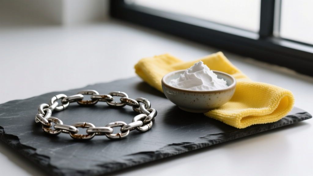 Tarnished sterling silver chain on dark slate next to a yellow microfiber polishing cloth and a small bowl of baking soda paste