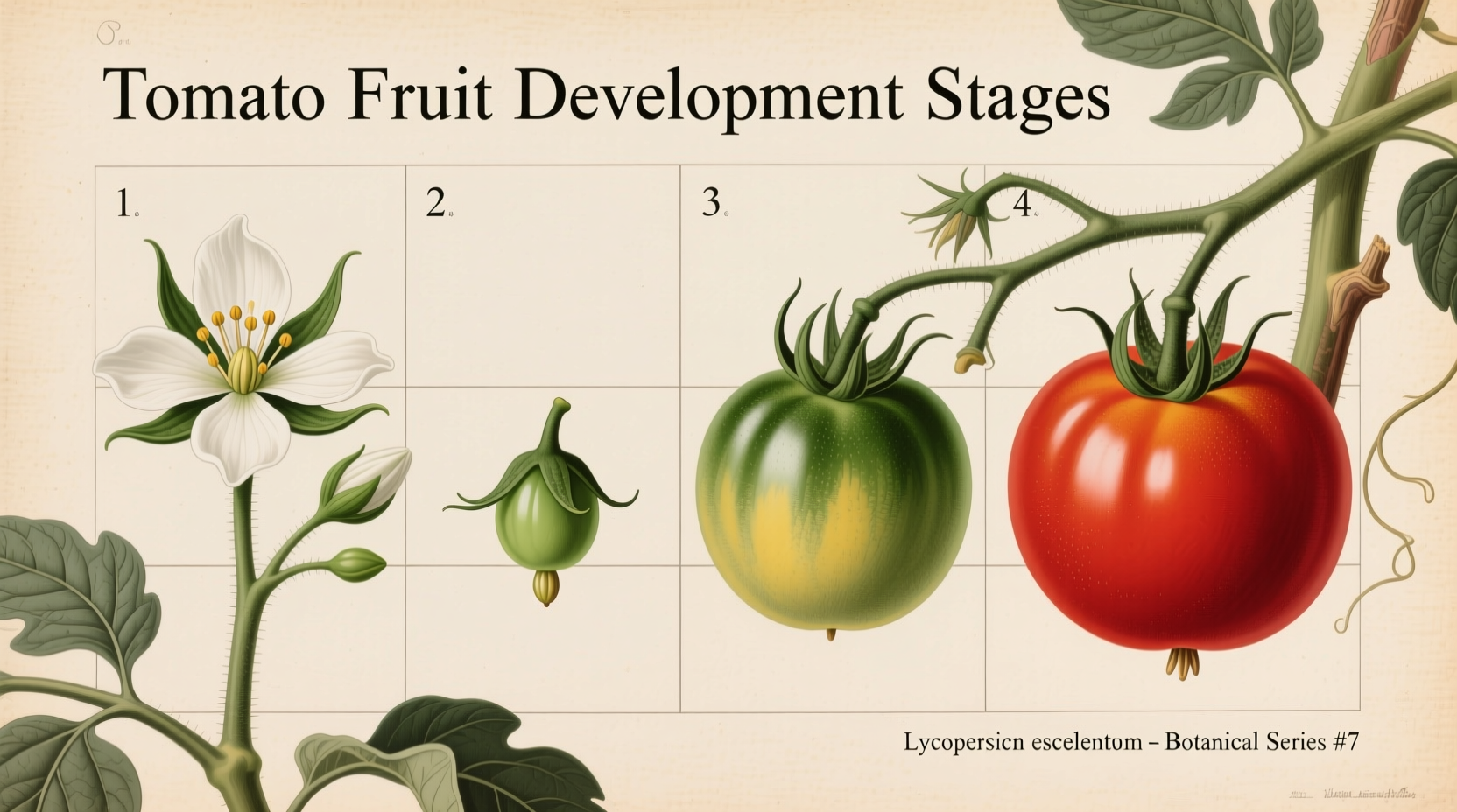 Tomato plant showing fruit development stages from flower to ripe fruit