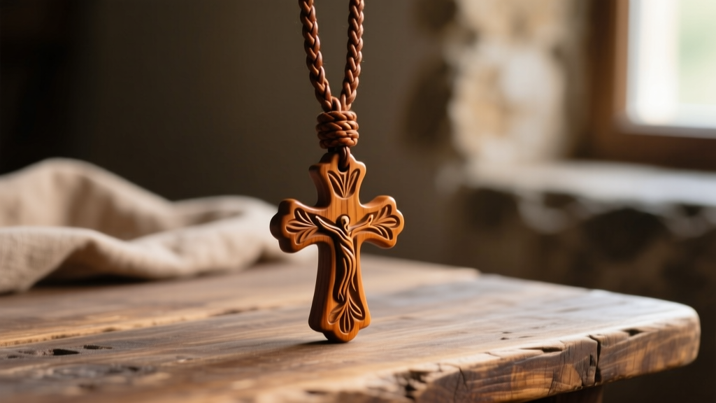Close-up of a hand-carved olive wood cross pendant on a braided leather cord, resting on a rustic table with soft lighting.