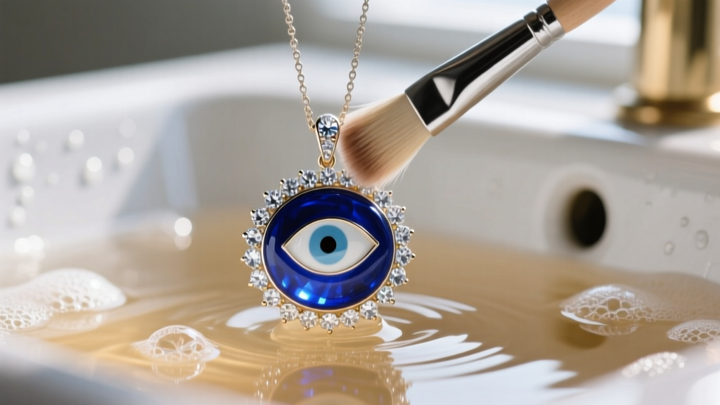 Soft brush gently cleaning a diamond and blue enamel evil eye pendant in warm soapy water, captured in detailed macro photography.