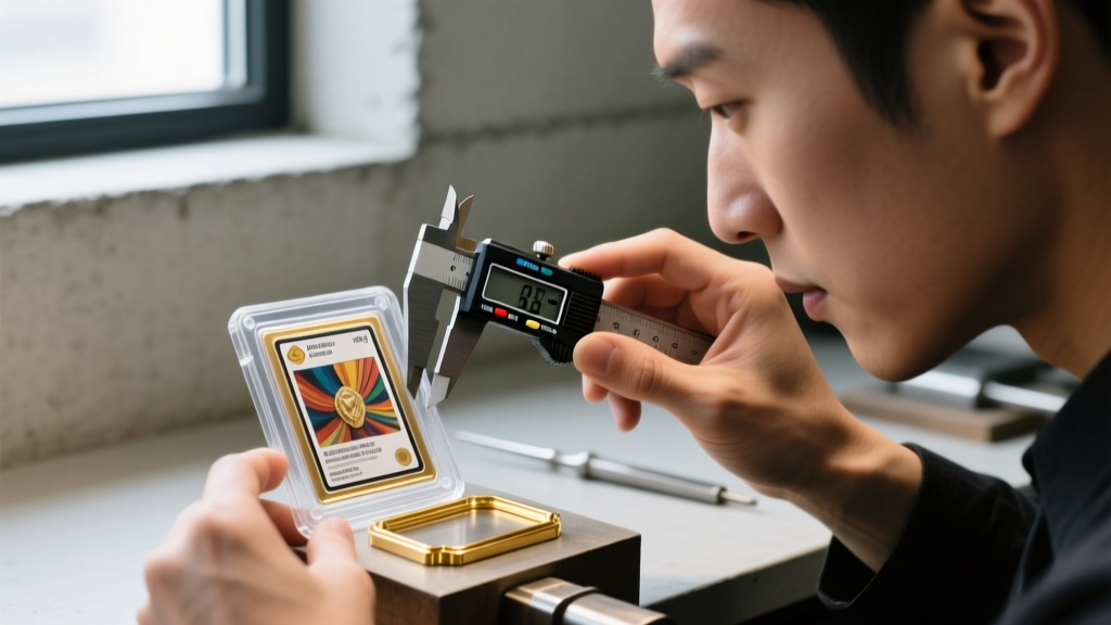 Jeweler using digital calipers to measure a graded trading card slab thickness before milling a custom gold bezel setting.