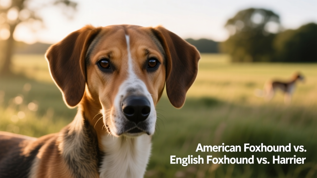 Close-up portrait of an American Foxhound showing its distinctive wedge-shaped head, low-set ears, and alert dark eyes