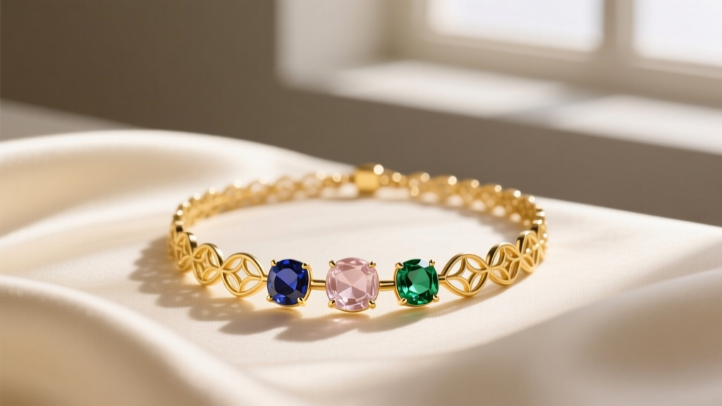 Elegant 14k yellow gold mothers necklace with birthstones for three children resting on cream silk fabric in warm natural light
