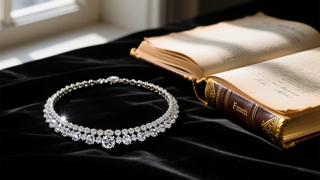 A dramatic still-life of a sparkling diamond riviere necklace resting on dark velvet next to an antique, leather-bound French book.