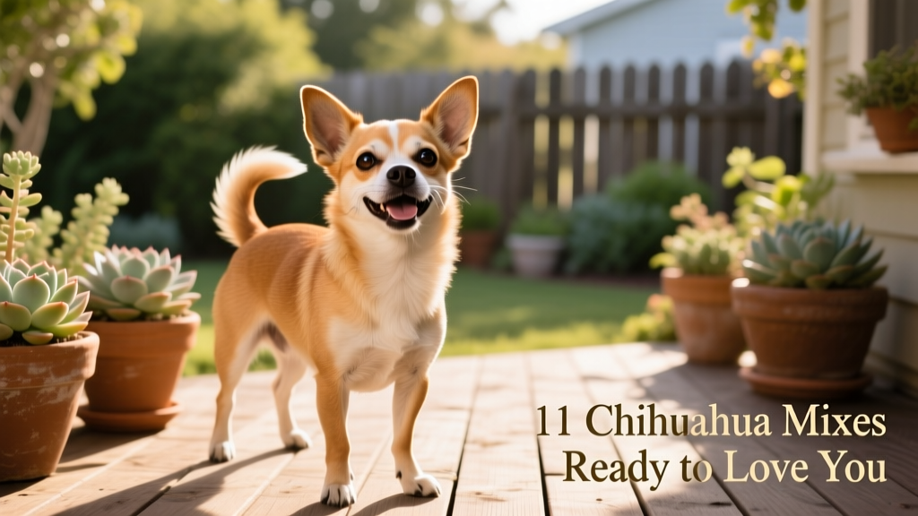 Happy Ratchi, Chihuahua Rat Terrier mix, standing on outdoor patio