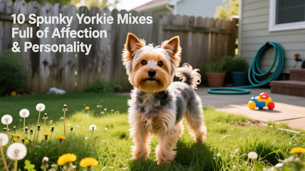 Yorkie Poo, Poodle Yorkie mix, standing in backyard